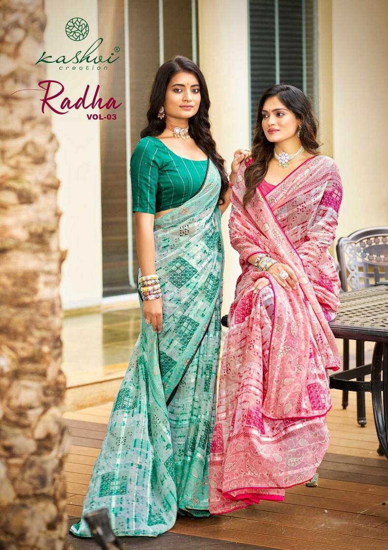 kashvi creation radha vol 3 series 301 to 308 major georgette unique colour saree in wholesale surat