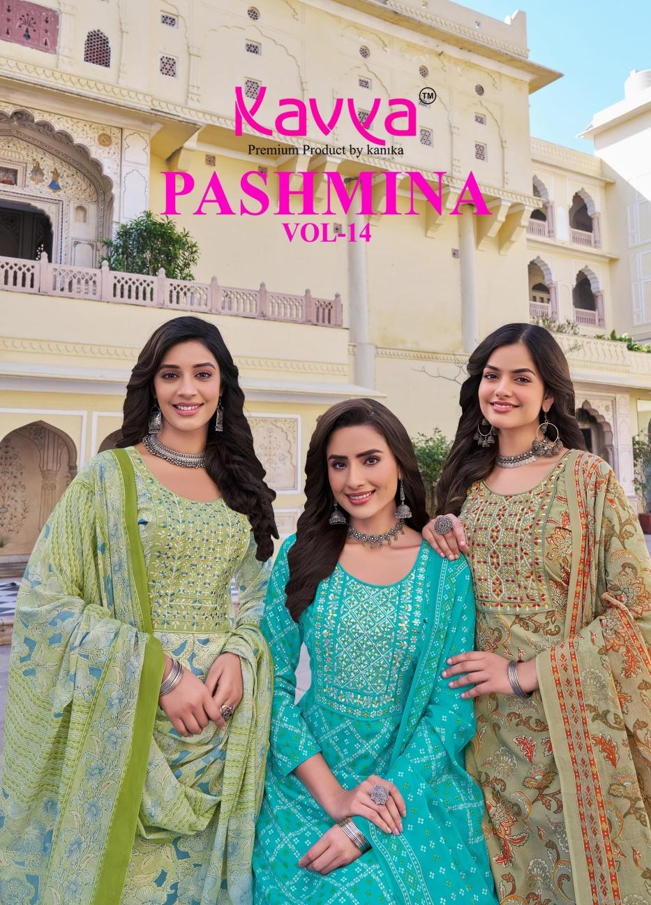 kavya pashmina vol 14 series 14001 to 14010 malaysian readymade cotton lining classic suit in wholesale surat