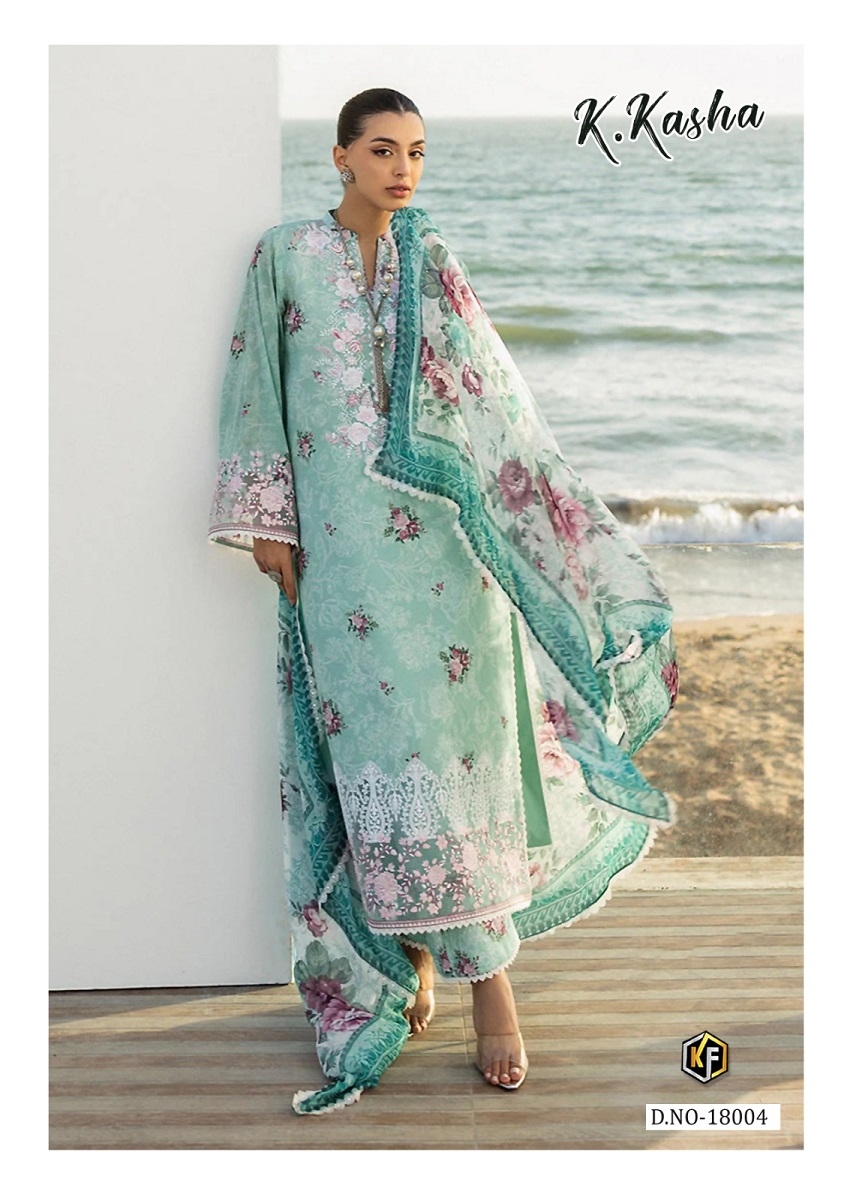 Keval K.Kasha Vol-18 series 18001 to 18006 Pure Lawn Cotton Printed Karachi Readymade Kurti Pant With Dupatta in wholesale surat