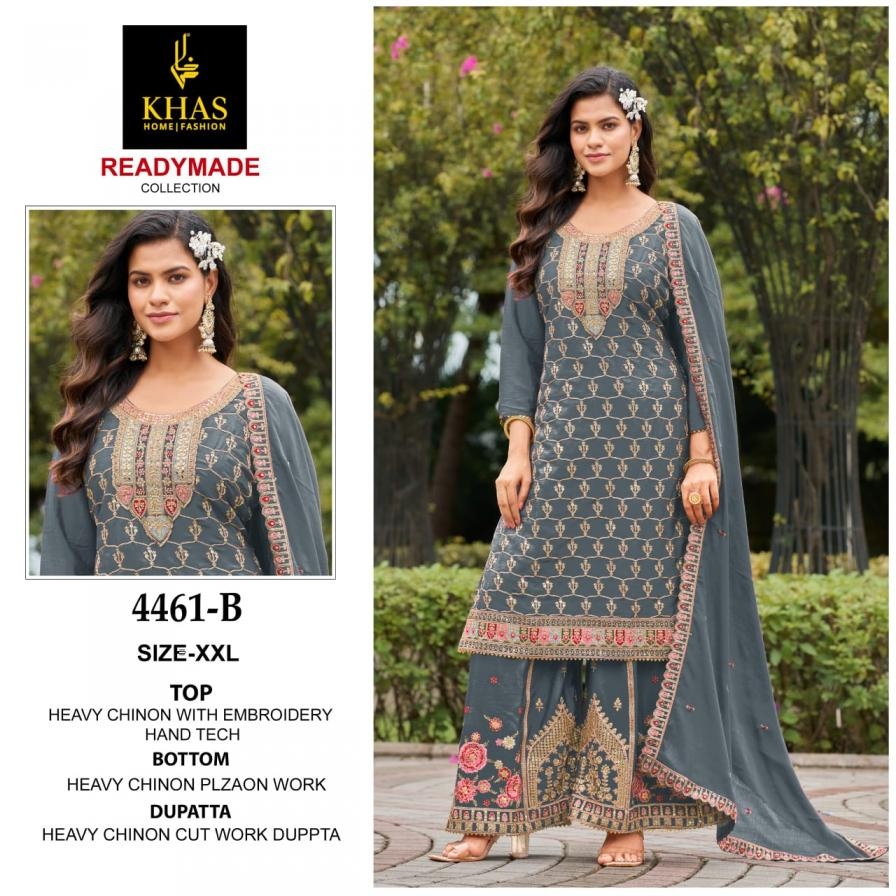 khas 4461 A to C readymade chinon silk pakistani plazzo suit in wholesale surat