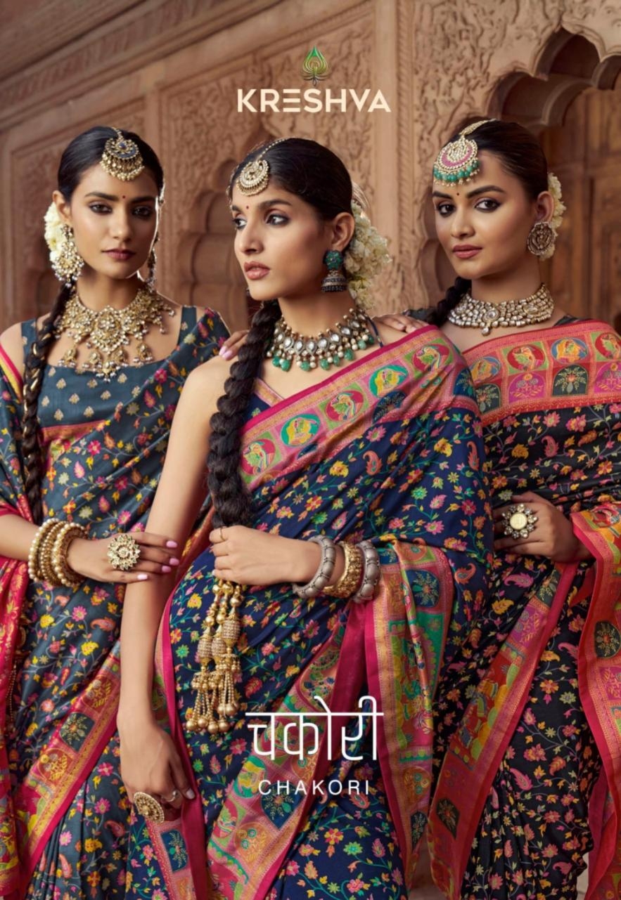 kreshva chakori series 7061 to 7069 silk pashmina designer saree in wholesale surat