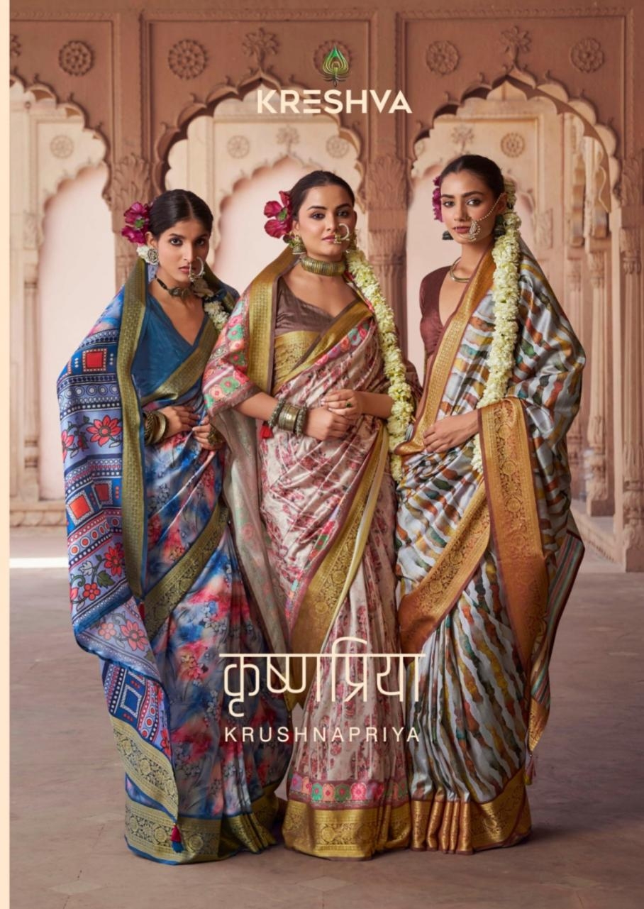 kreshva krushnapriya series 7058 to 7065 silk stylish saree in wholesale surat