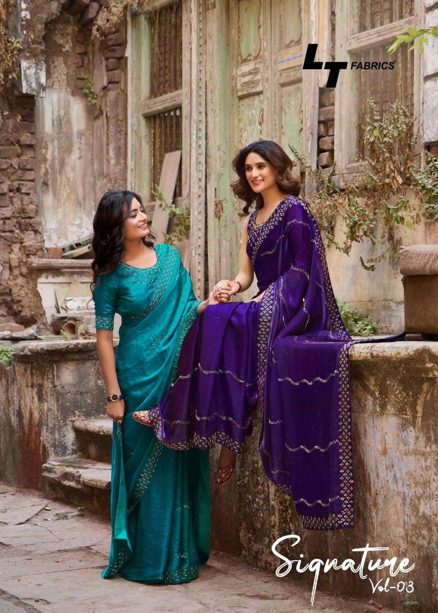 lt fashion signature vol 3 series 301 to 306 malai silk new design saree in wholesale surat
