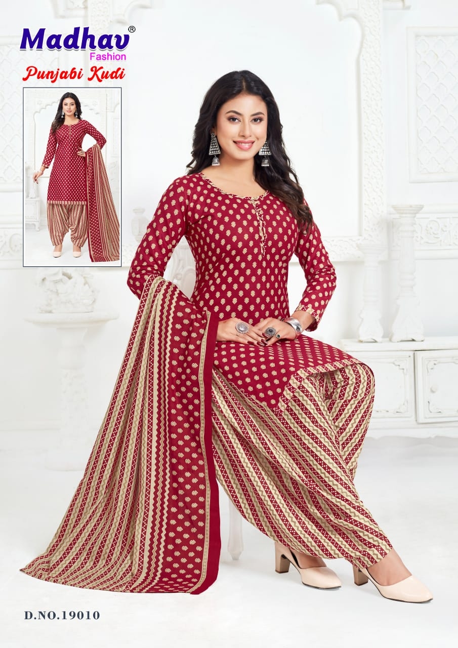 Madhav Punjabi Kudi Vol-19 series 19001 to 19010 Pure Cotton Printed Readymade Patiyala suit in wholesale surat
