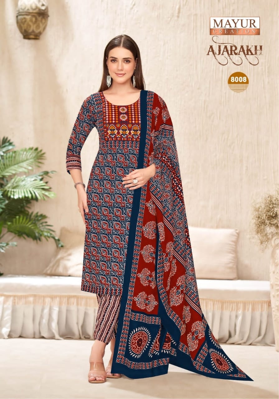 Mayur Ajarakh Vol-8 series 8001 to 8010 Pure Cotton Printed With Neck Embroidery Kurti Pant With Dupatta wholesale surat