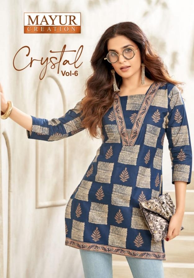 mayur creation crystal vol 6 series 6001 to 6012 poplin readymade plus size short kurtis in wholesale surat