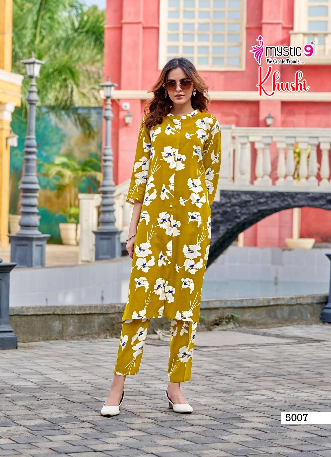 Mystic9 Khushi Vol-5 series 5001 to 5010 Heavy 14 Kg. Rayon Printed Long Cord Set in wholesale surat