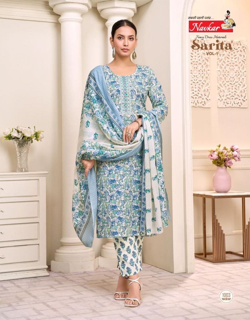 navkar sarita vol 1 series 1001 to 1008 malesiyan cotton readymade good salwar suits in wholesale surat