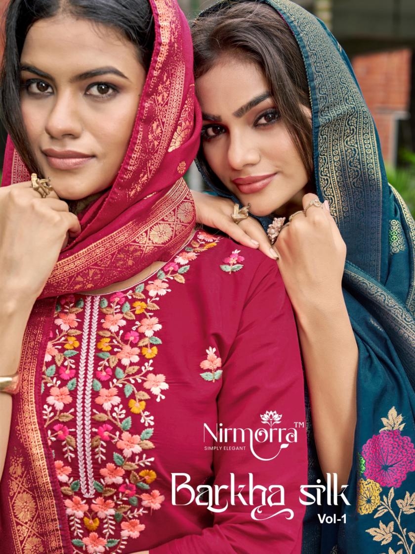 nirmorra barkha silk vol 1 series 1001 to 1006 premium silk readymade classic suit in wholesale surat