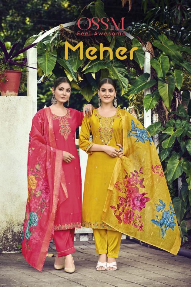 ossm meher series 1001 to 1006 viscose roman silk readymade plus size unique suit in wholesale surat