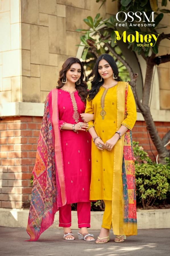 ossm mohey vol 2 series 1001 to 1006 viscose roman silk readymade big size suit in wholesale surat