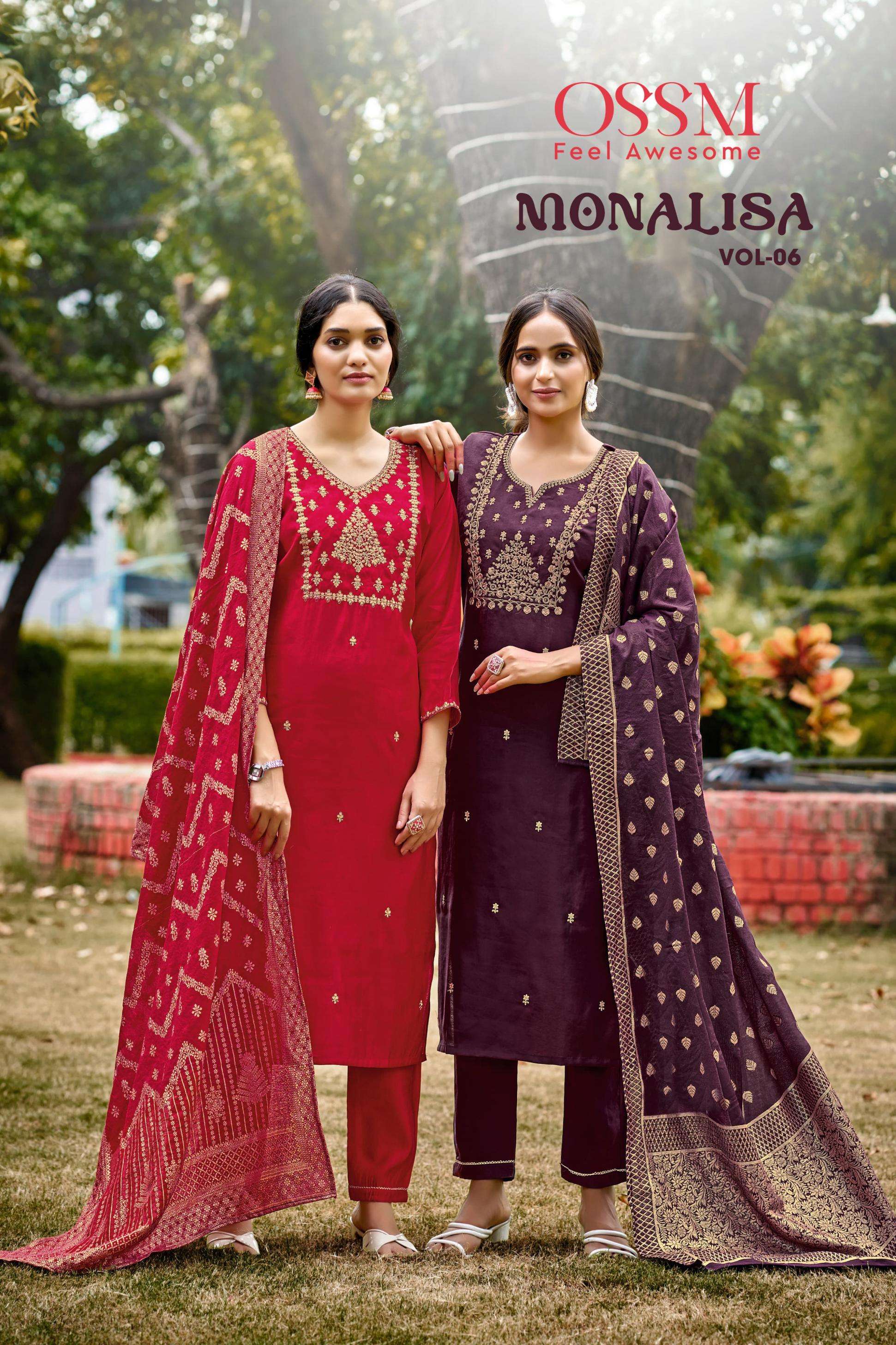 ossm monalisa vol 6 series 1001 to 1004 readymade viscose roman silk gorgeous look plus size suit in wholesale surat