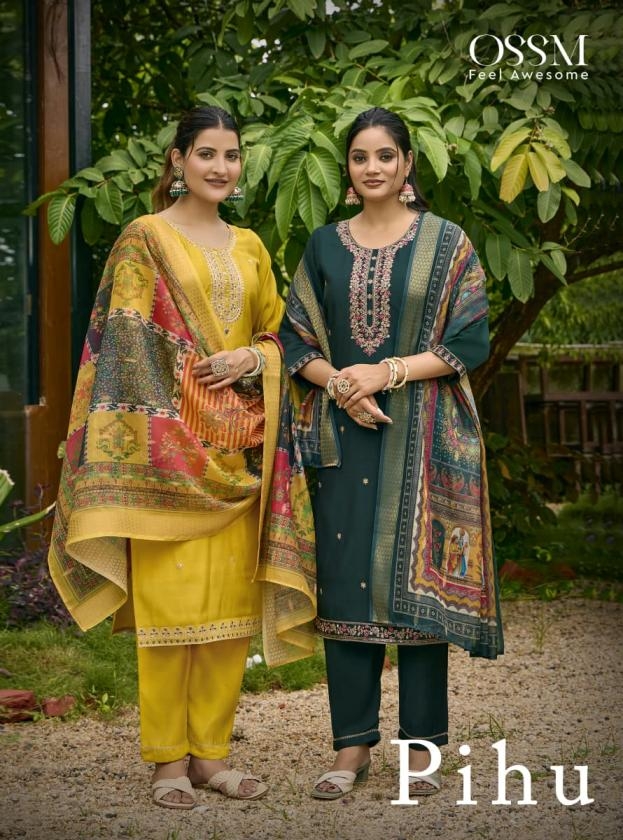 ossm pihu stylish series 1001 to 1006 readymade viscose roman silk big size suit in wholesale surat
