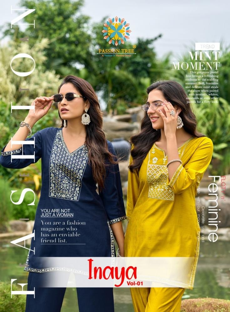 passion tree inaya vol 1 series 1001 to 1008 viscose silk readymade big size unique co-ord set in wholesale surat