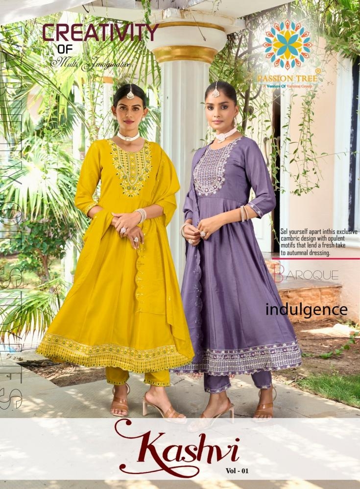 passion tree kashvi vol 1 series 1001 to 1008 anarkali vichitra silk readymade big size suit in wholesale surat