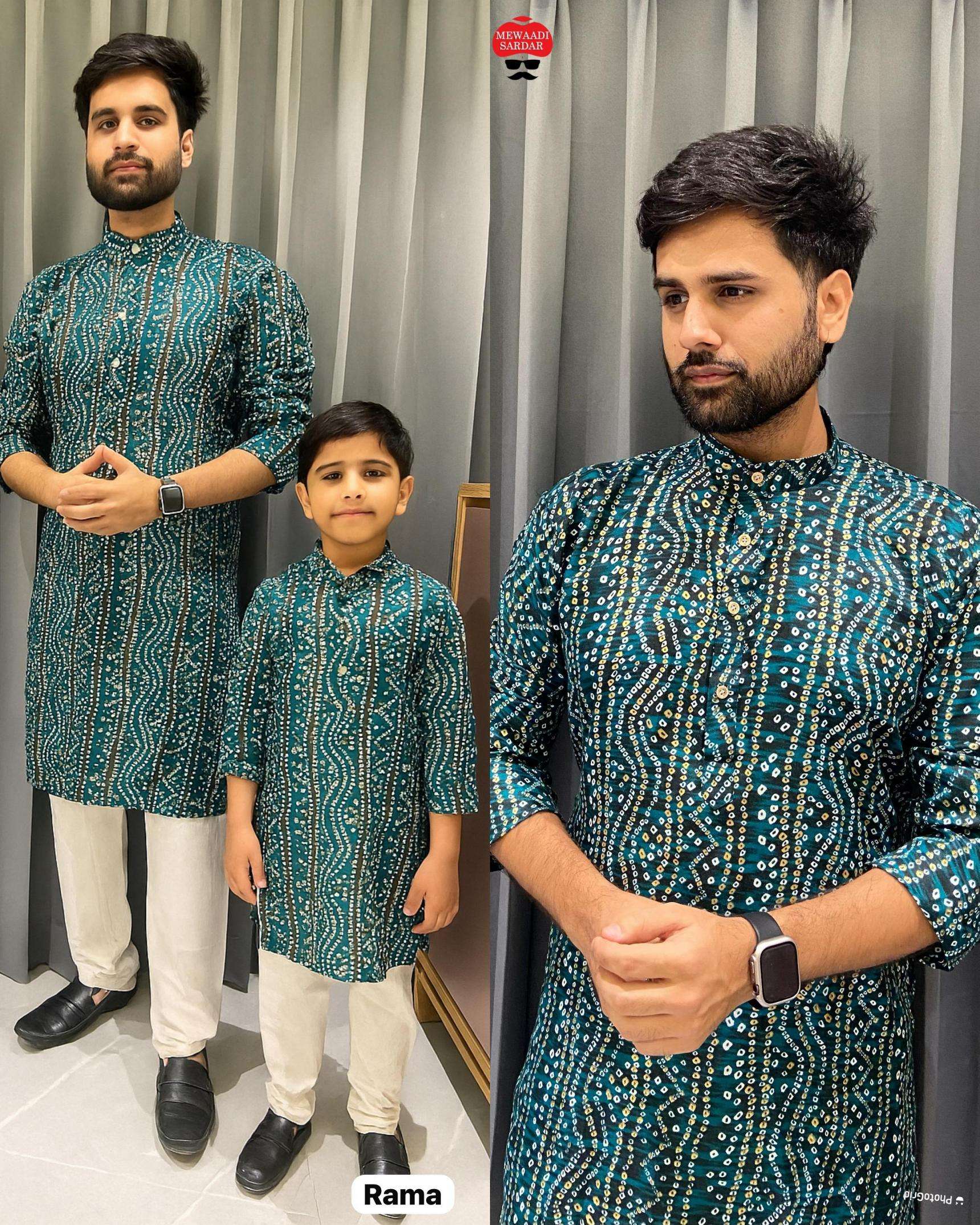 pr clothing being desi cotton navratri special readymade bandhani mens & kids kurta in wholesale surat