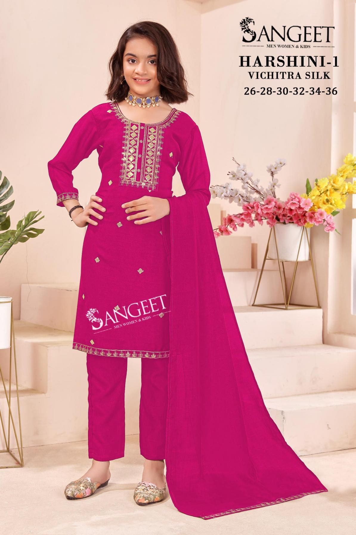 pr clothing harshini vol 1 series 1001 to 1006 readymade vichitra blooming silk combo kids suit in wholesale surat