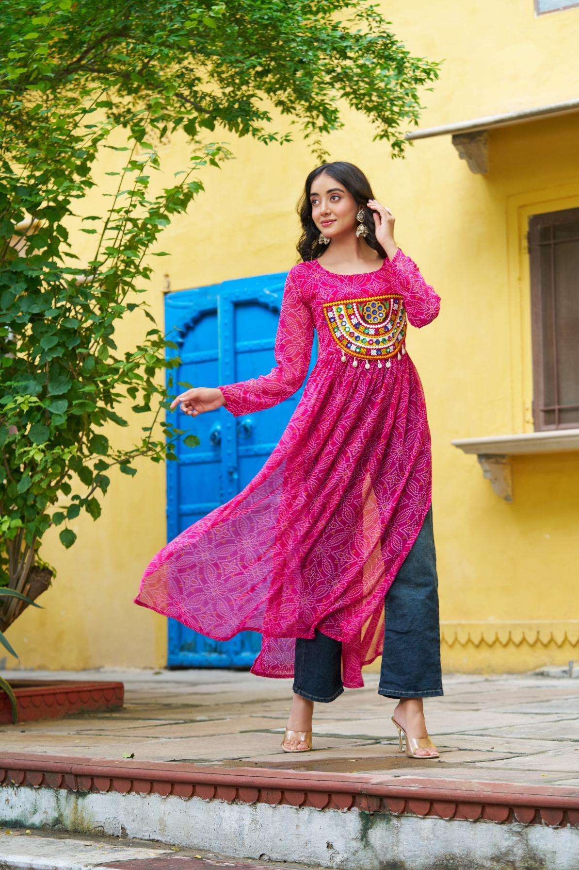 pr clothing lw 9266 navratri special bandhej print readymade long kurti in wholesale surat