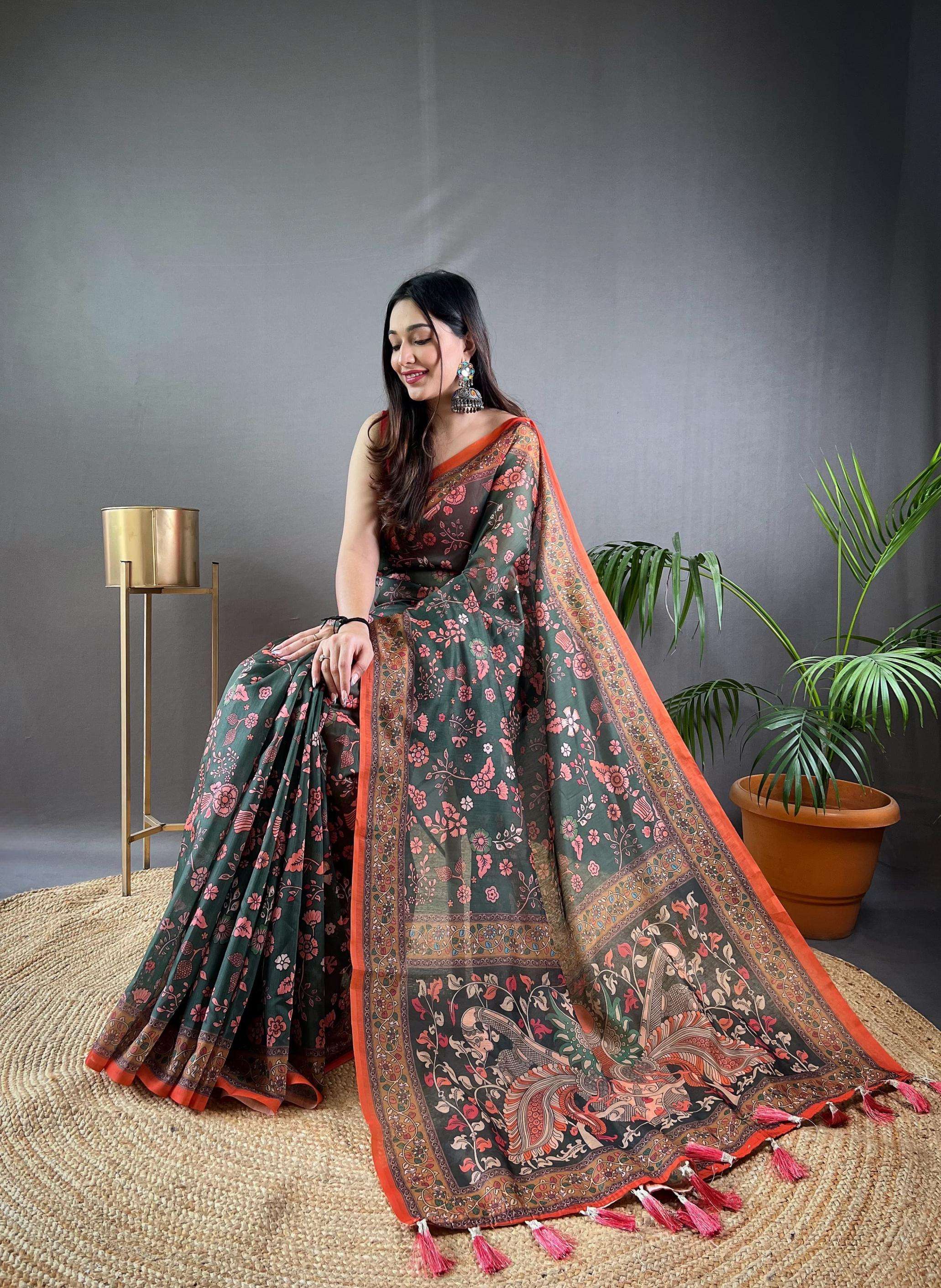 pr clothing raksha malai cotton beautiful kalamkari prints saree exports