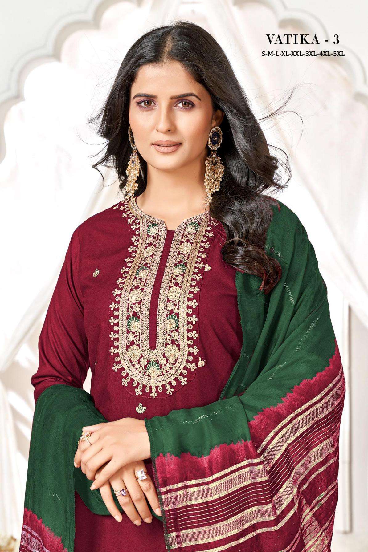pr clothing vatika vol 3 series 1001 to 1006 rayon gold print daily wear readymade plus size suit in wholesale suit