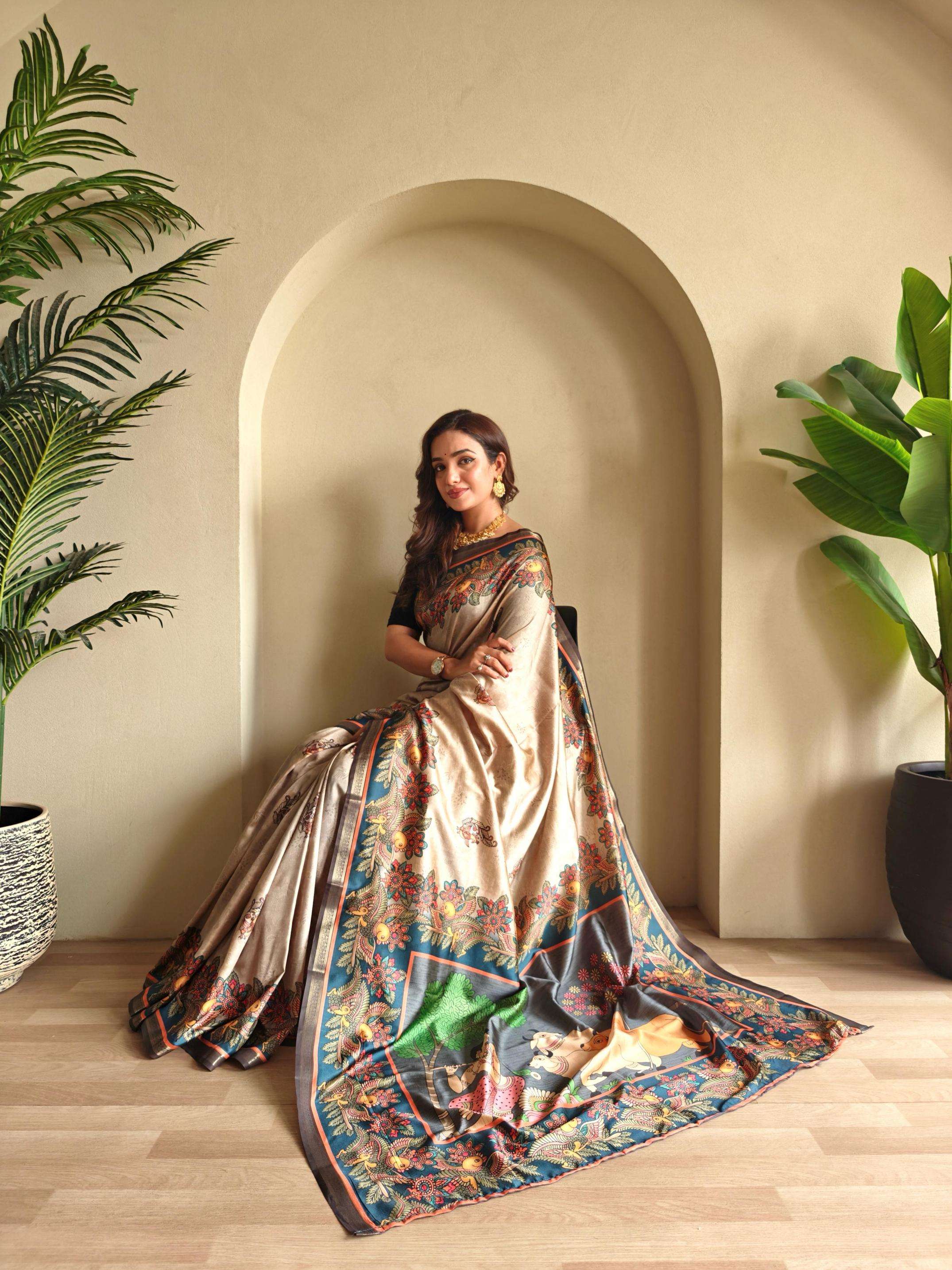 pr clothing zalak amazing silk kalamkari fusion print saree in wholesale surat