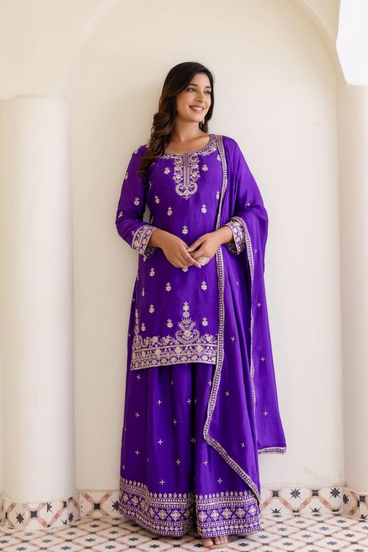 pr clothnig dvd 5128 readymade unique chinon plazzo style suit in wholesale surat