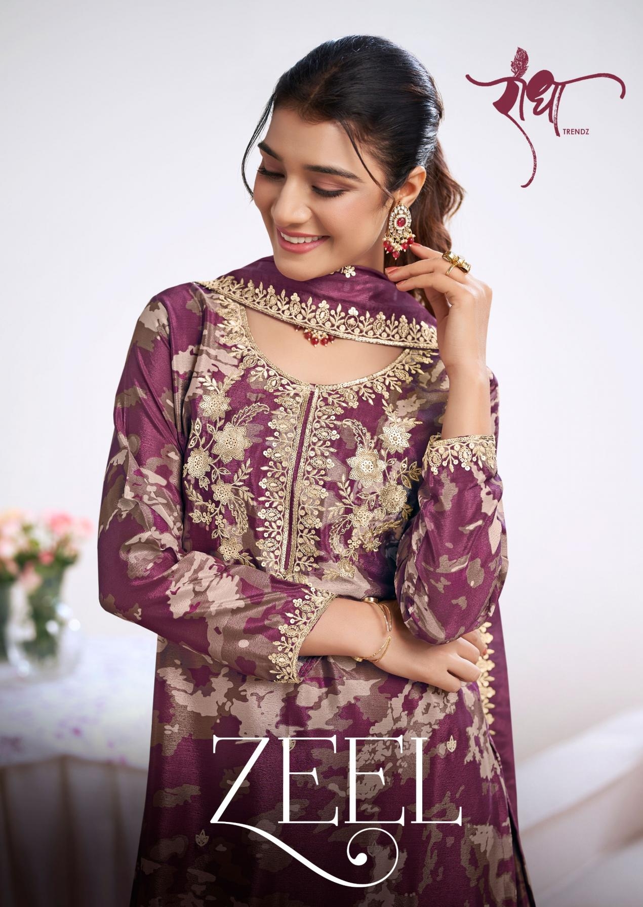 radha trendz zeel sereies 5041 to 5044 chinon exclusive readymade kurti plazzo with dupatta in wholesale surat