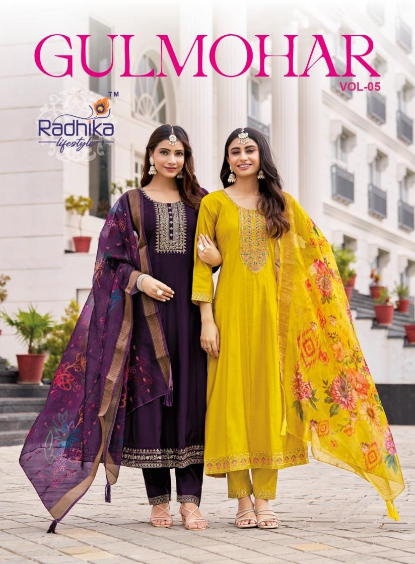 radhika lifestyle gulmohar vol 5 series 5001 to 5006 roman silk anarkali readymade plus size suit in wholesale surat