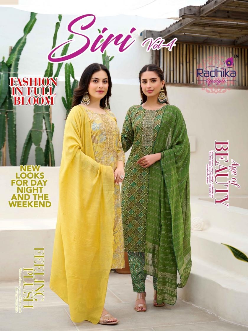radhika lifestyle siri vol 4 series 4001 to 4008 rayon capsule print readymade plus size suit in wholesale surat
