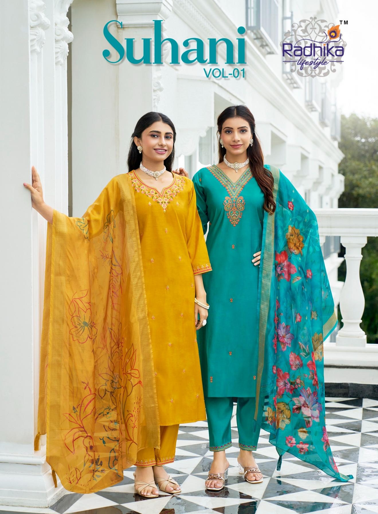 radhika lifestyle suhani vol 1 series 1001 to 1006 roman silk readymade big size salwar kameez in wholesale surat
