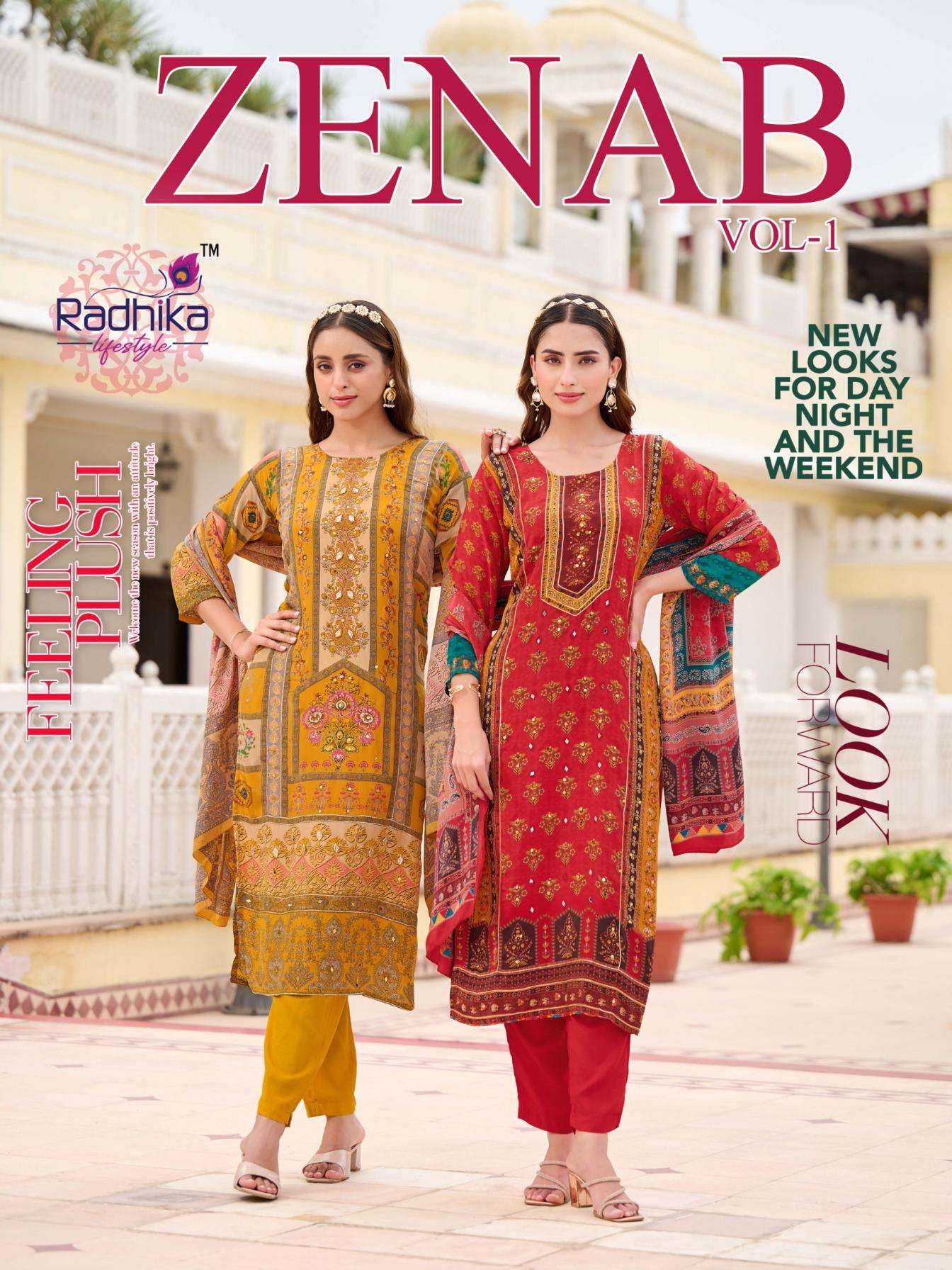 radhika lifestyle zenab vol 1 series 1001 to 1006 natural crape readymade casual suit in wholesale surat
