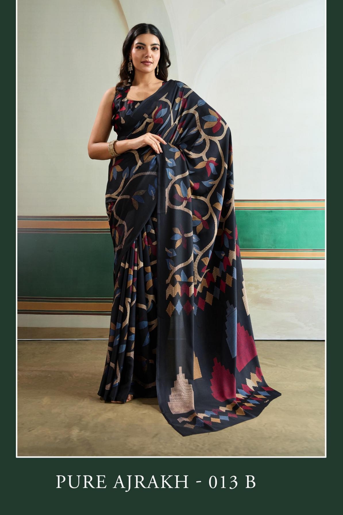rajtex pure ajrakh 013 Series 013 A TO 013 F modal satin printed saree in wholesale surat