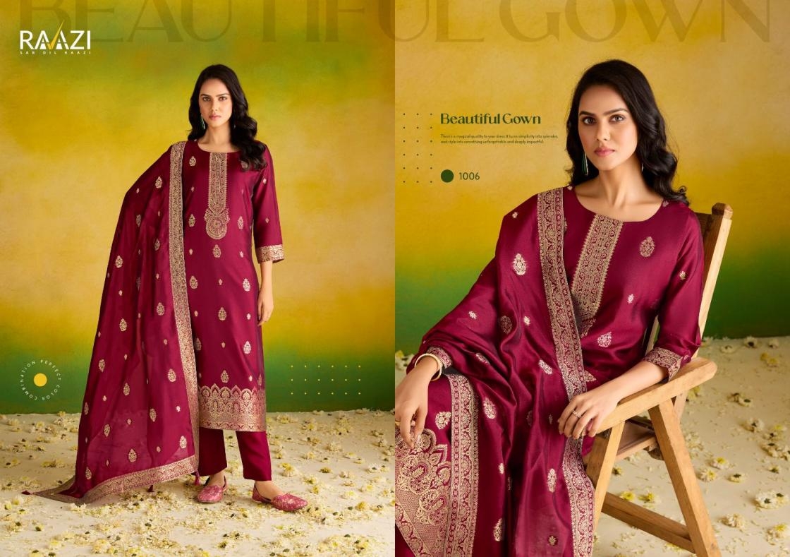 rama fashion raazi aanaya series 1001 to 1006  bemberg woven silk jacquard fancy suits in wholesale surat