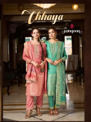 rangoon chhaya series 10141 to 10144 attractive muslin jacquard readymade suit in wholesale surat