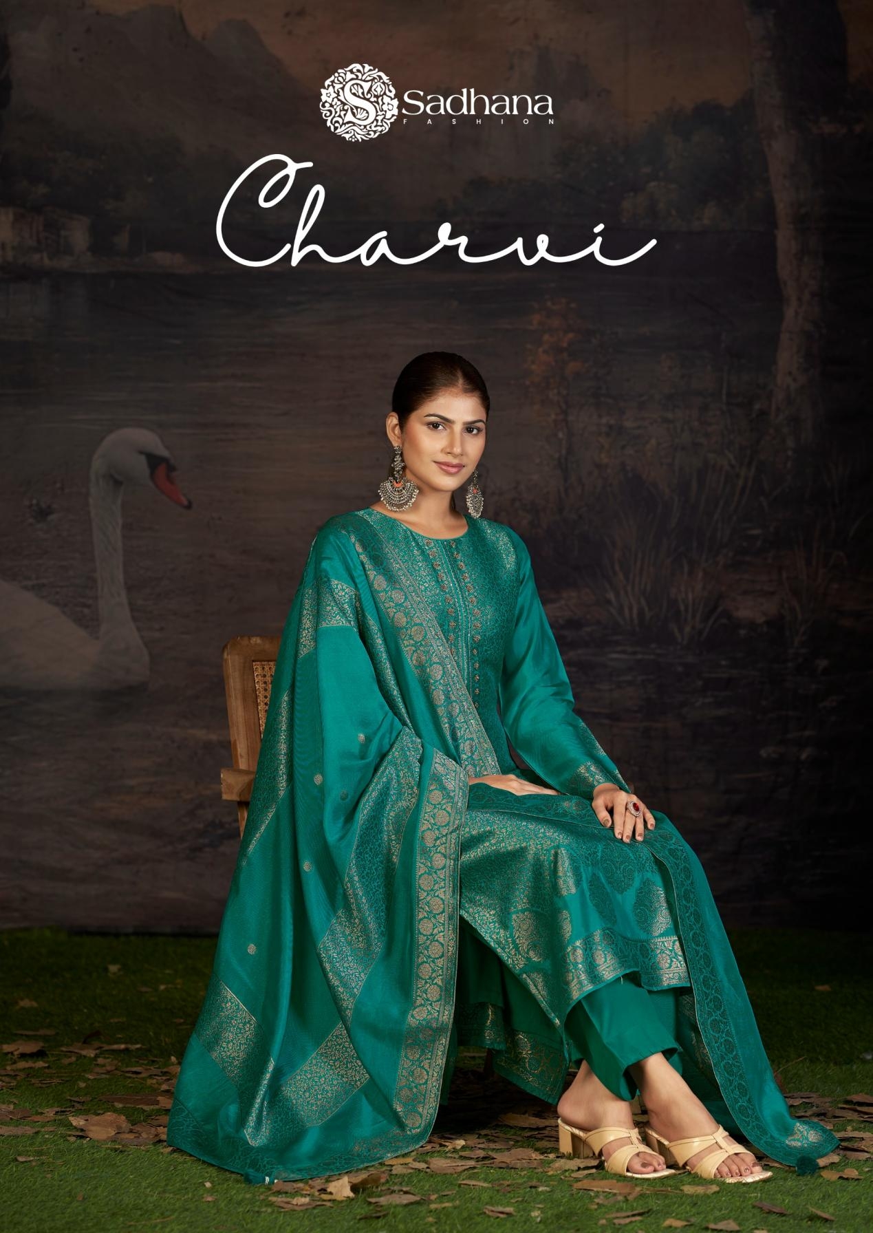 sadhana fashion charvi series 1001 to 1004 viscose woven silk jacquard pretty ladies suits in wholesale surat