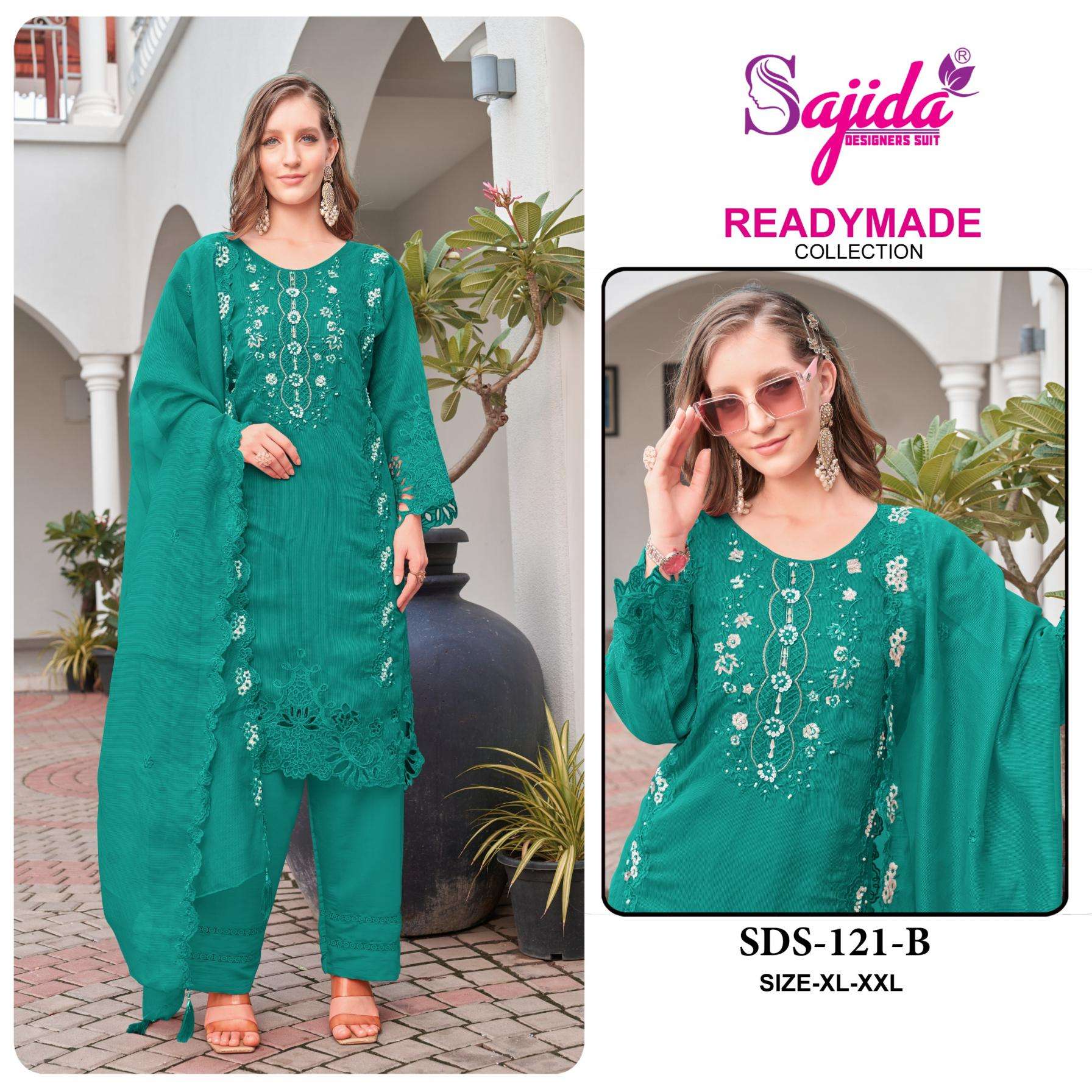 sajida designer 121 A to D readymade viscose organza pakistani big size suit in wholesale surat