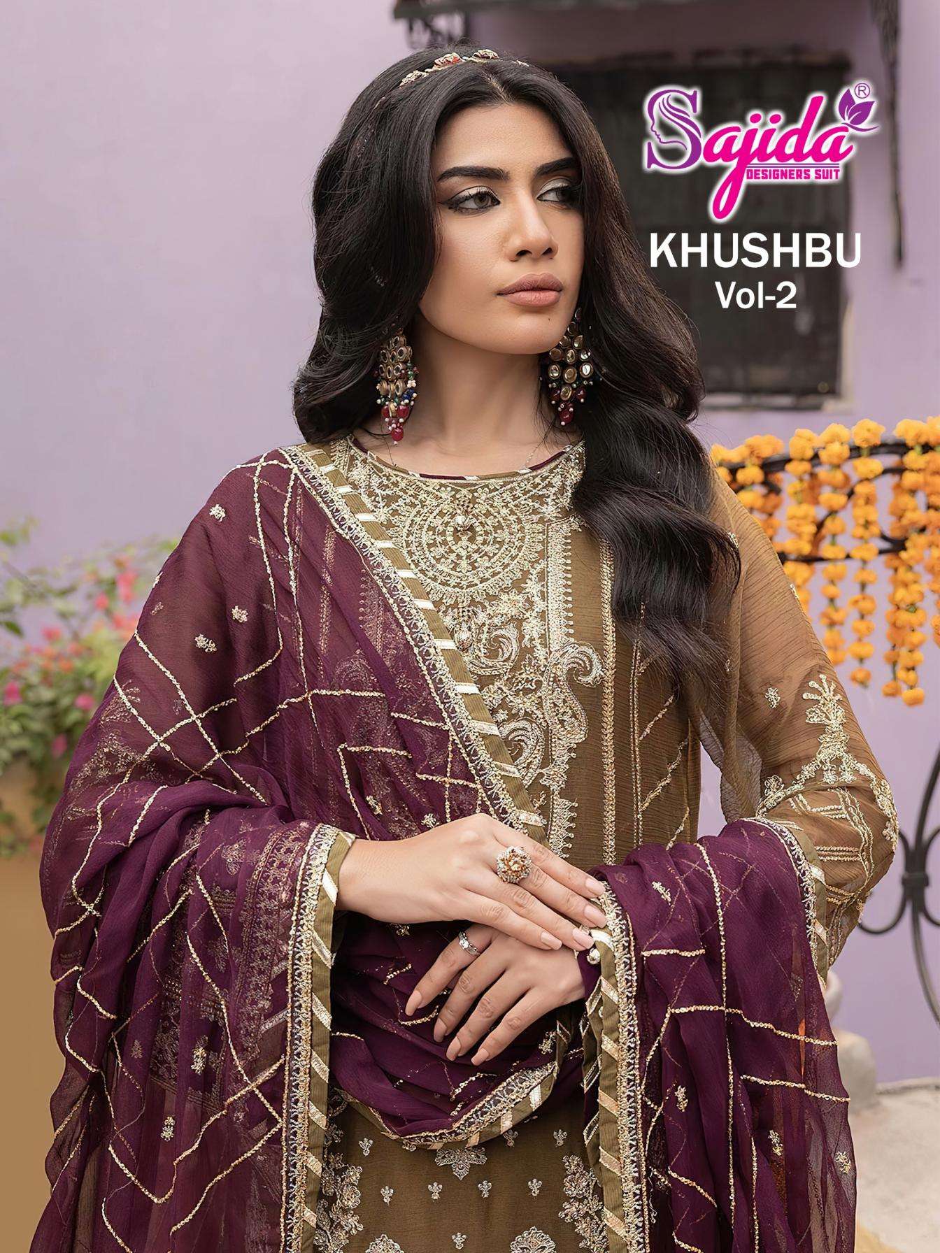 sajida designer khushbu vol 2 series 1039 to 1045 georgette pakistani suit in wholesale surat