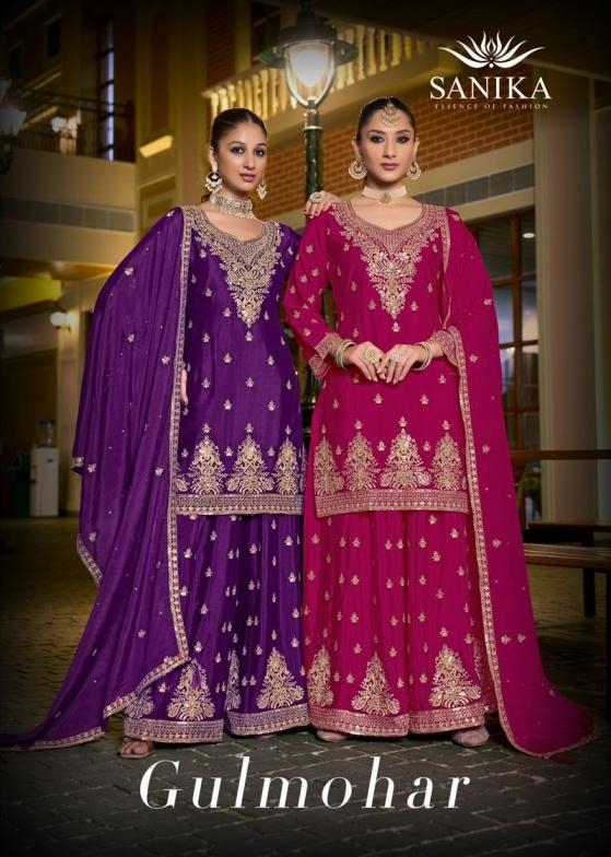 sanika fashion gulmohar series 10015 to 10017 traditional chinon silk readymade plazzo style suit in wholesale surat