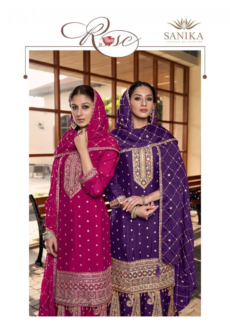 sanika fashion rose series 10015 to 10017 readymade classic chinon silk plazzo kurti with dupatta in wholesale surat