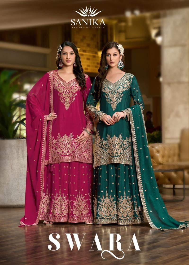sanika fashion swara series 10011 to 10014 readymade chinon silk plazzo style suit in wholesale surat