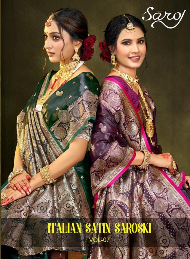 Saroj Italian silk saroski vol.7 series 1001 to 1006 satin silk saree in wholesale surat