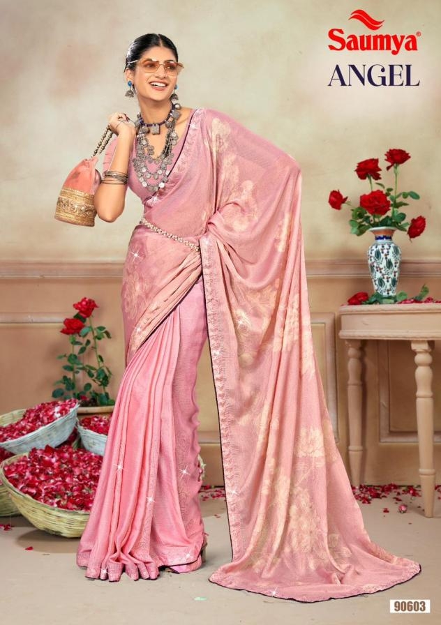 saumya angel series 90603 to 90608 chiffon brasso gorgeous look saree in wholesale surat