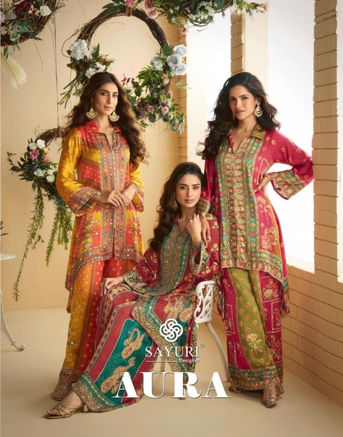 sayuri designer aura series 10085 to 10087 crep silk readymade traditional kurti with plazzo in wholesale surat