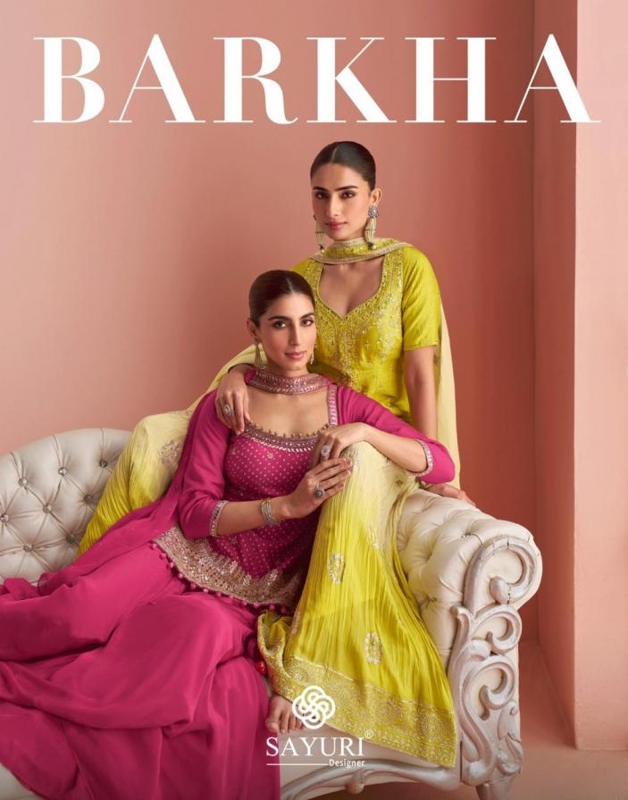 sayuri designer barkha series 10038 to 10040 exclusive readymade chinon silk plazzo suit in wholesale surat