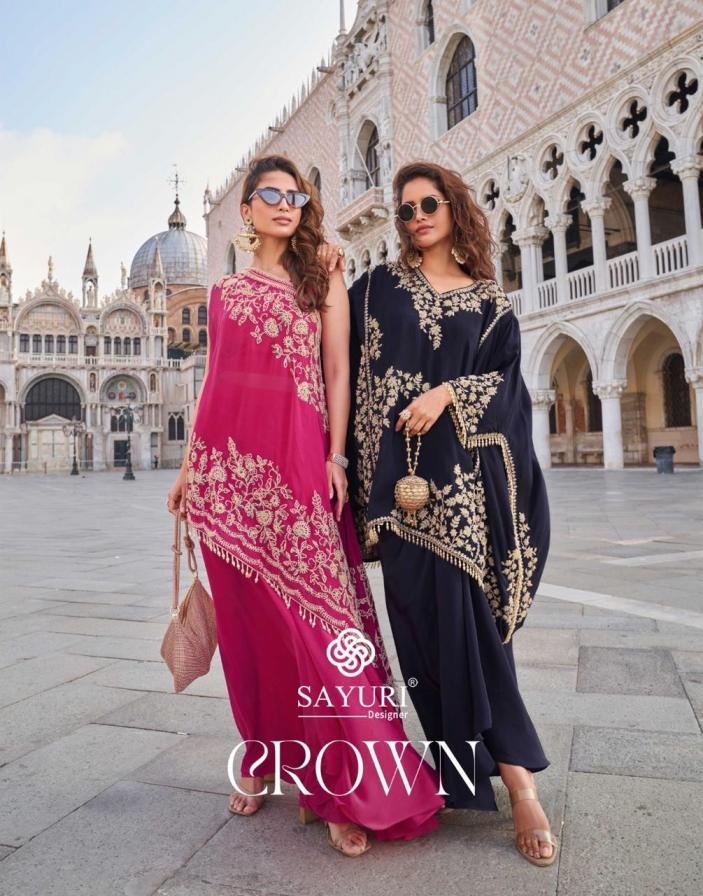 sayuri designer crown series 10082 to 10084 readymade premium crep party wear kurti with plazzo in wholesale surat