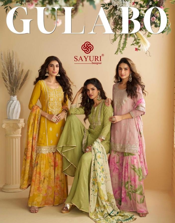 sayuri designer gulabo series 10069 to 10073 readymade festival wear chinon silk plazzo suits in wholesale surat