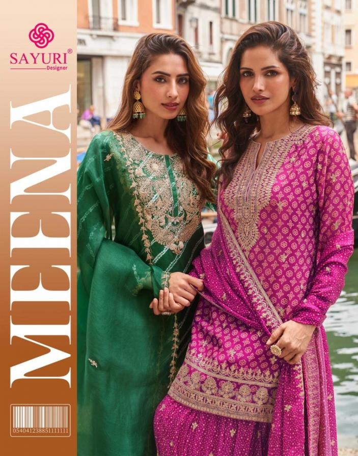sayuri designer meena series 5854 to 5856 chinon silk readymade exclusive plazzo suits in wholesale surat