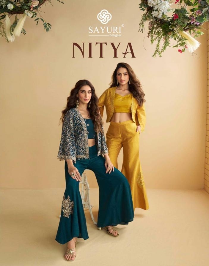 sayuri designer nitya series 10077 to 10079 silk georgette readymade trendy western suit in wholesale surat