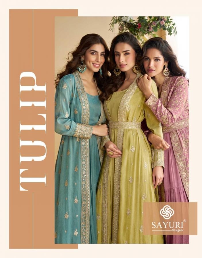 sayuri designer tulip series 10092 to 10094 chinon silk readymade gown shrug with belt in wholesale surat