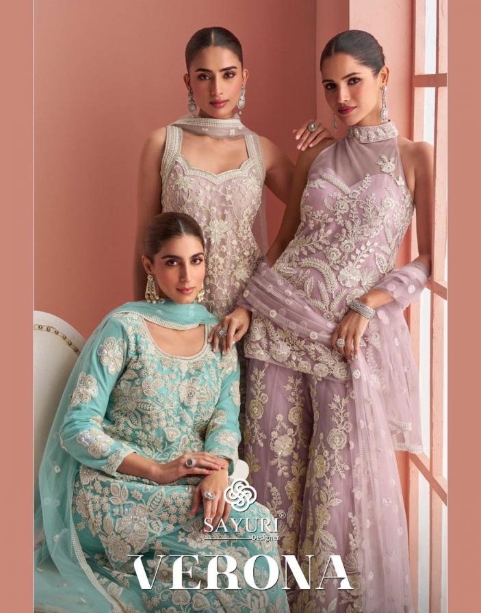 sayuri designer verona series 1008 to 10090 fashionable design net readymade plazzo kurti dupatta in wholesale surat